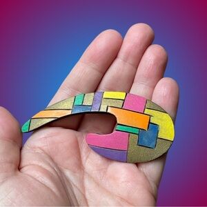 Vintage abstract wood brooch geometric Mondrian colorful unsigned